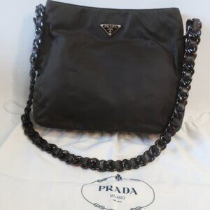 Authentic Prada Tessuto Cafe Au Lait Brown Tortoise Plastic Chain Nylon Handbag
